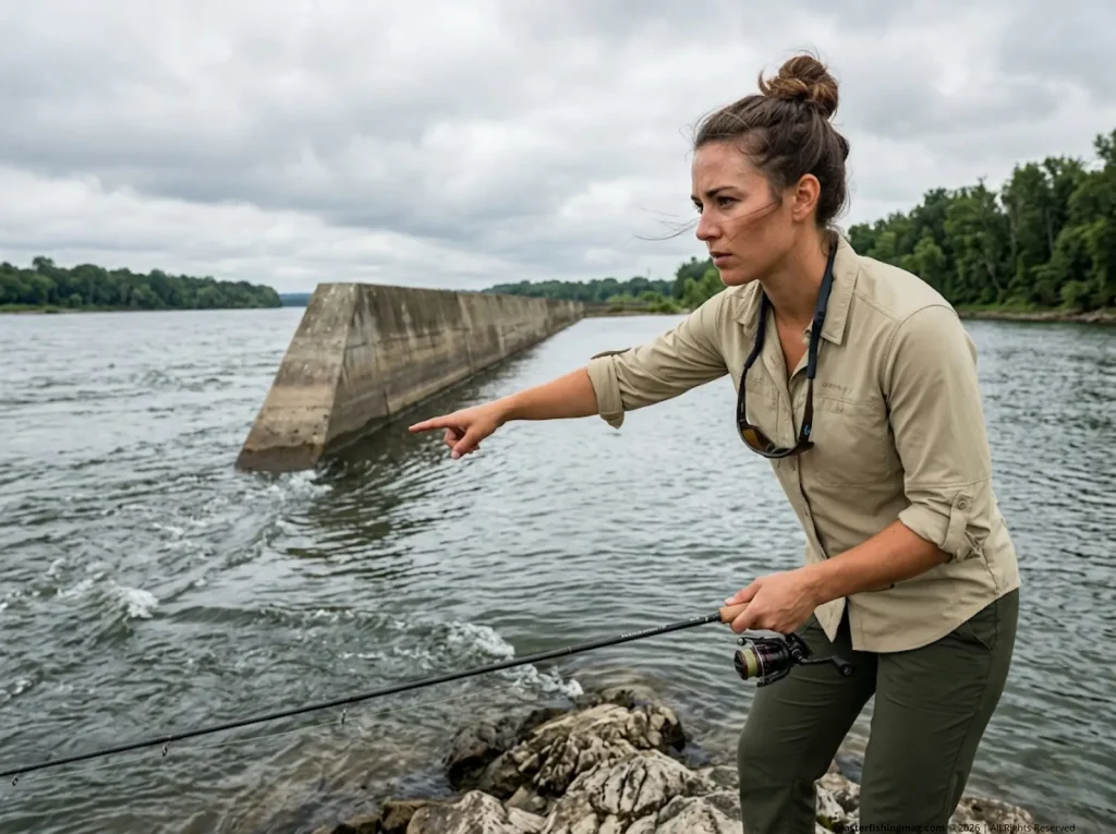 Female angler pointing to river current seams to locate carp holding spots. 
