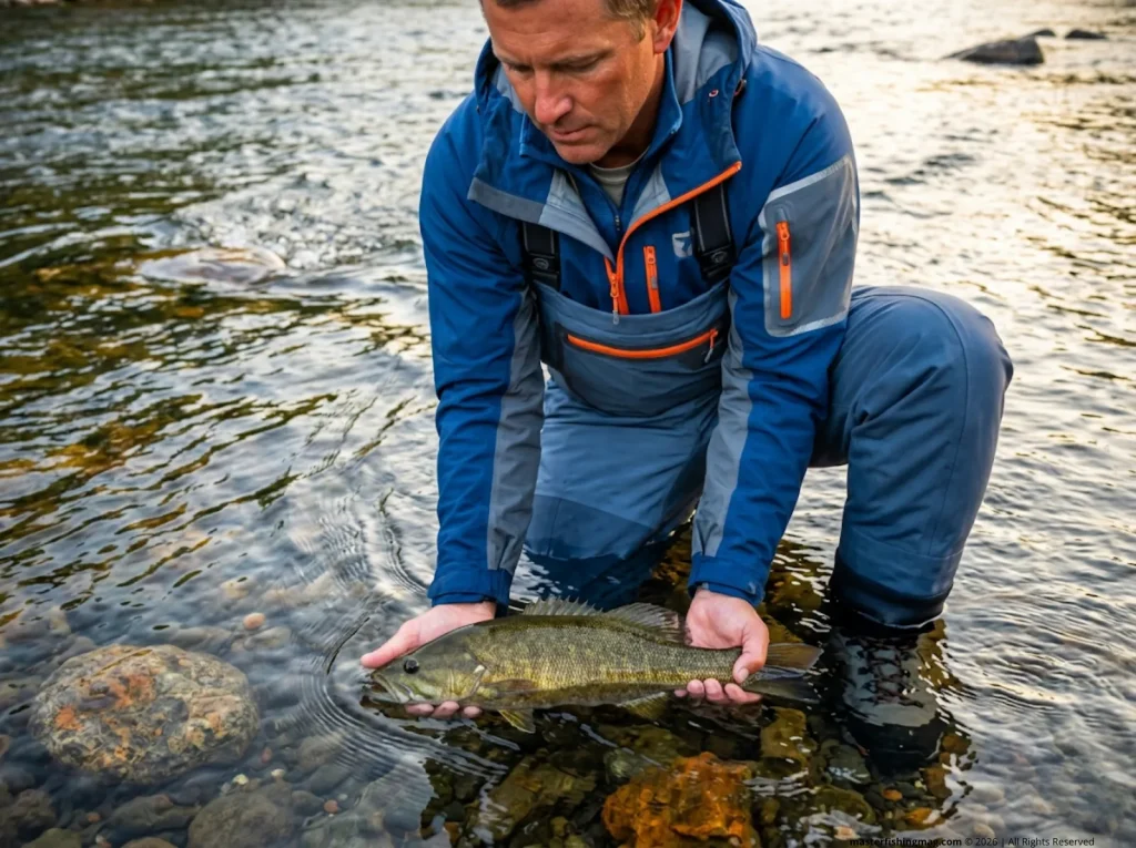 Angler reviving exhausted fish in river current using RAM ventilation, holding still facing upstream