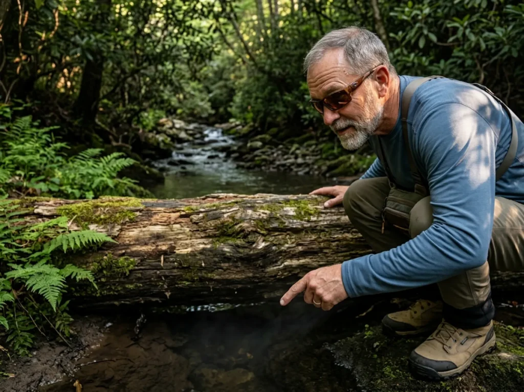 Angler wearing Costa sunglasses observing a thermal refugia pool from behind cover.