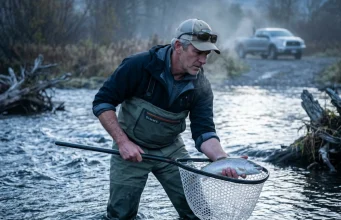 Why Most Fish Stocking Programs Quietly Fail Conservation biologist examining a stressed fish after a fish stocking program release in a cold river