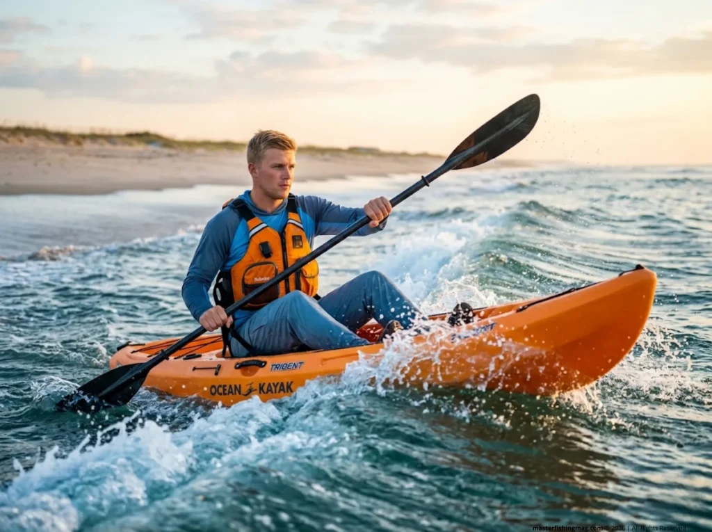 Fishform kayak bow punching over beach surf