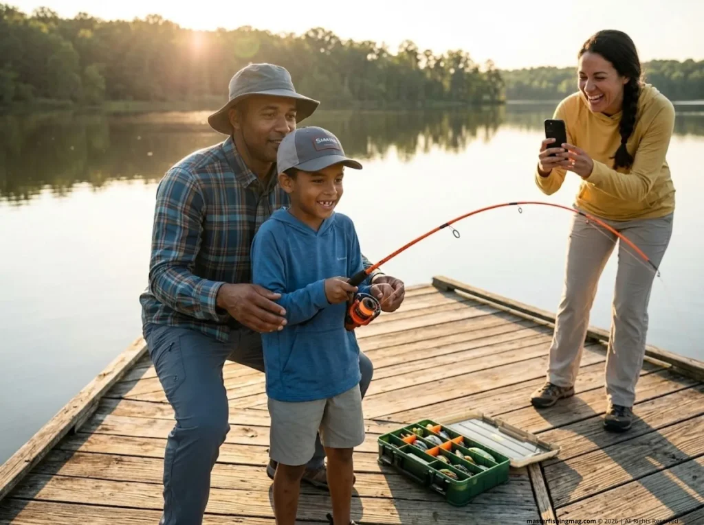 Father and child fishing together at a public dock at sunset — conservation reporting protects fishing spots for future generations