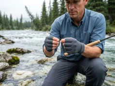 How to Size Fishing Gloves Without Losing Dexterity Angler threading tippet while wearing Simms fishing gloves for dexterity