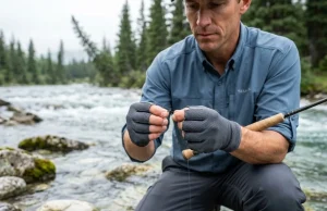 How to Size Fishing Gloves Without Losing Dexterity Angler threading tippet while wearing Simms fishing gloves for dexterity