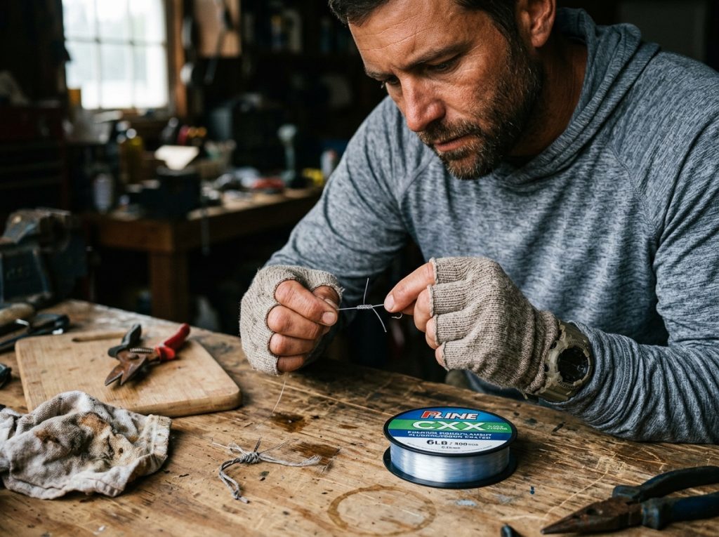 Angler tying a fishing knot where line strength is actually lost