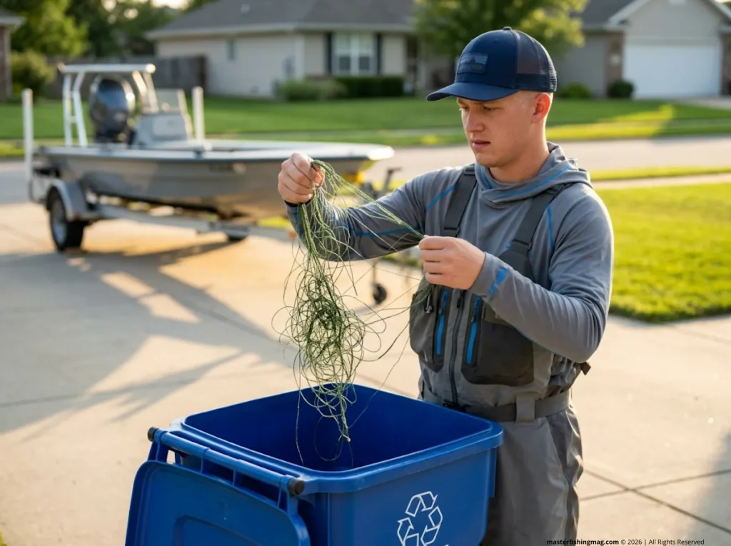 Angler holding tangled fishing line next to a blue recycling bin
