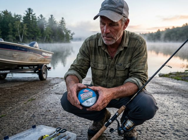 fishing-line-pound-test-beginner-spool Angler checking fishing line pound test on a spool at a dawn boat ramp