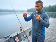 Why 10lb Pound Test Line Is Not a 10lb Fish Angler examines snapped fishing line at lakeside dock — fishing line pound test explained