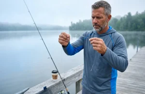 Why 10lb Pound Test Line Is Not a 10lb Fish Angler examines snapped fishing line at lakeside dock — fishing line pound test explained