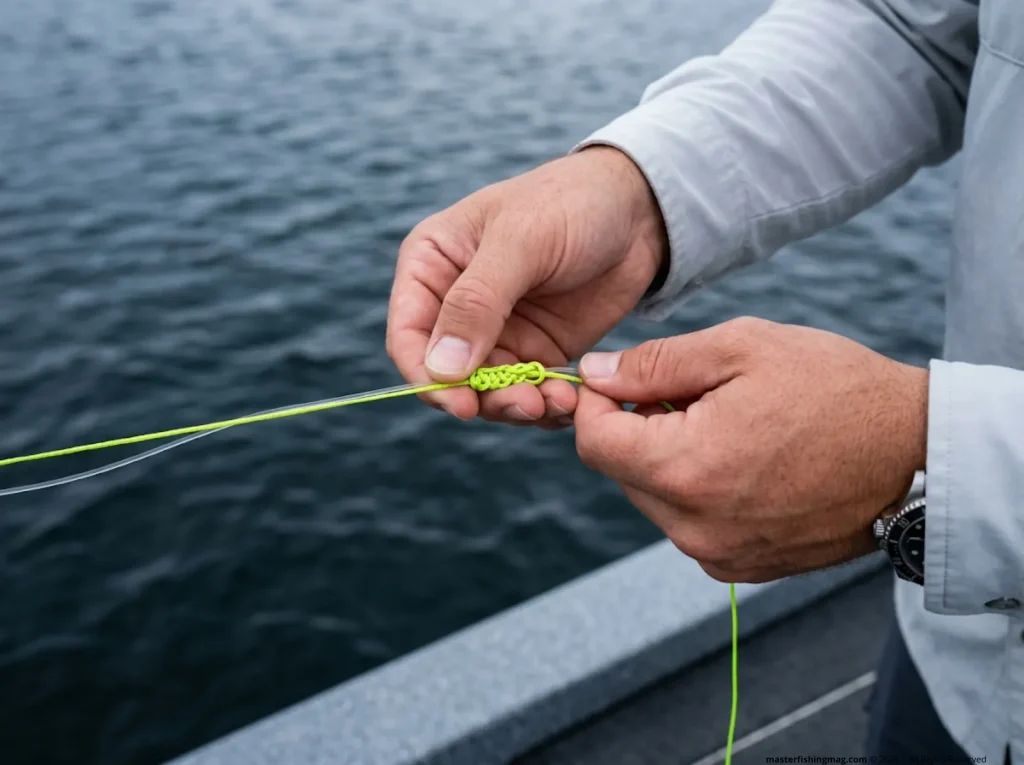 Hands tying an FG knot with high-visibility braided line and fluorocarbon leader