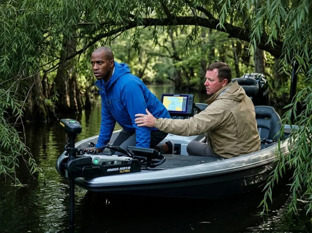 Two anglers in a fishing boat — one restraining the other from confronting a poacher, depicting wisdom over impulse