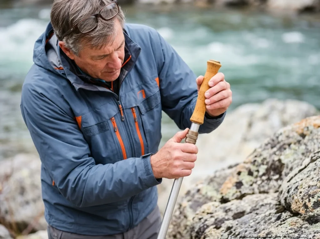 Angler tightening Fishpond Slippery Rock Pro telescopic twist-lock collar by rocky river