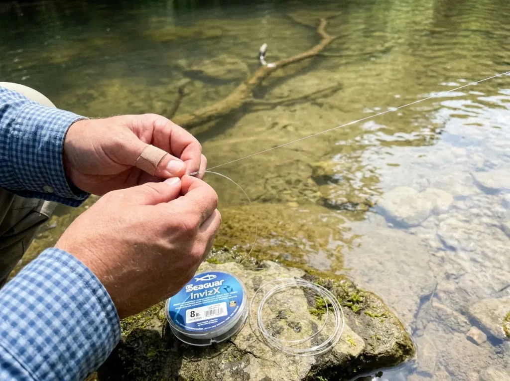 Tying a near-invisible fluorocarbon leader onto main line over clear water for line-shy fish