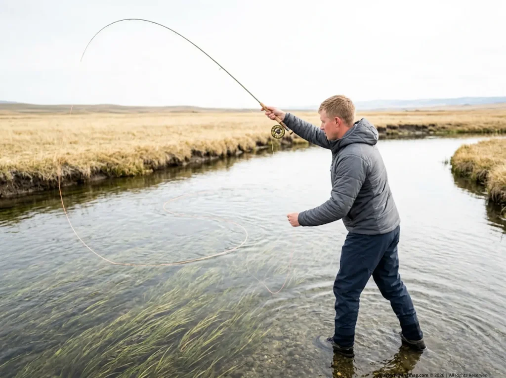 Fly angler executing a technical upstream mend on a crystal-clear spring creek for trout