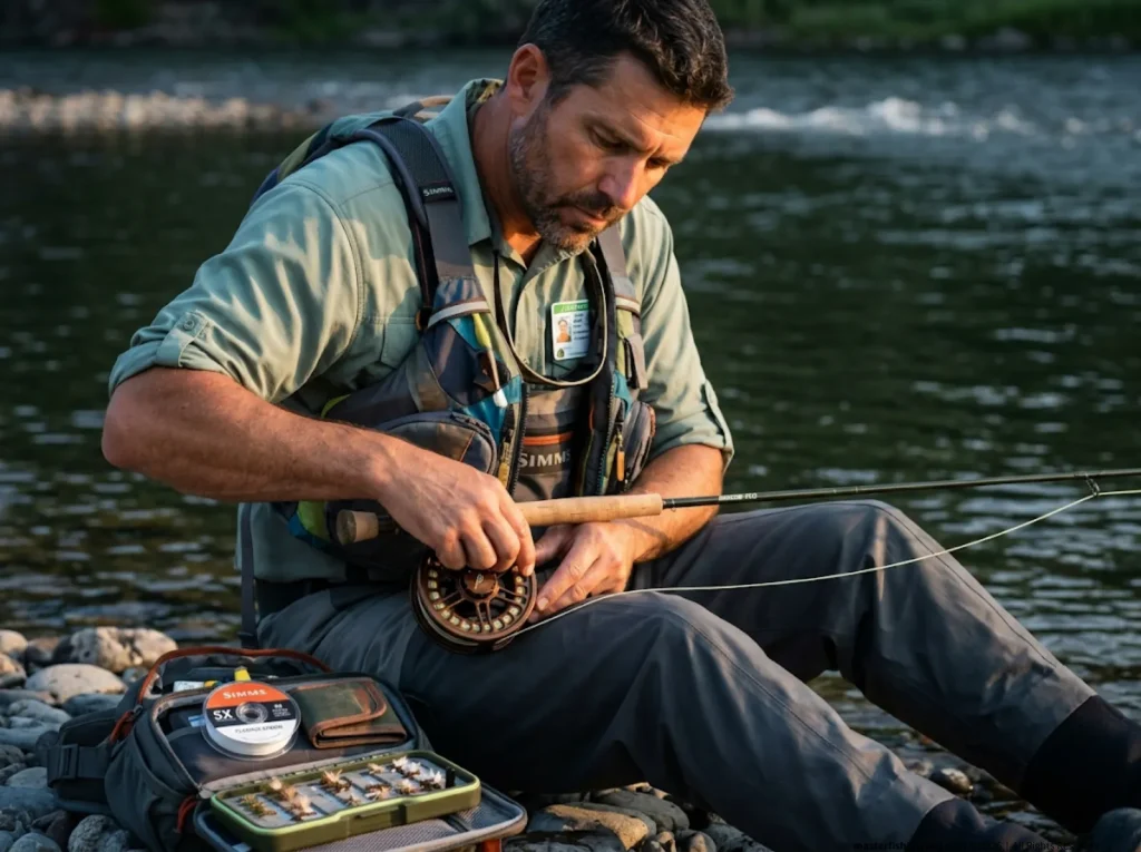 Fly fishing guide adjusting large-arbor reel drag at streamside before fishing a river run