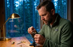 How to Start Fly Tying Without Wasting Money A male angler tying fly tying basics for beginners first patterns at a wooden bench using a rotary vise and precision tools.