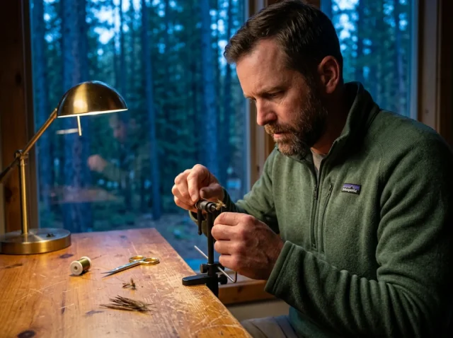 fly-tying-basics-for-beginners-first-patterns A male angler tying fly tying basics for beginners first patterns at a wooden bench using a rotary vise and precision tools.
