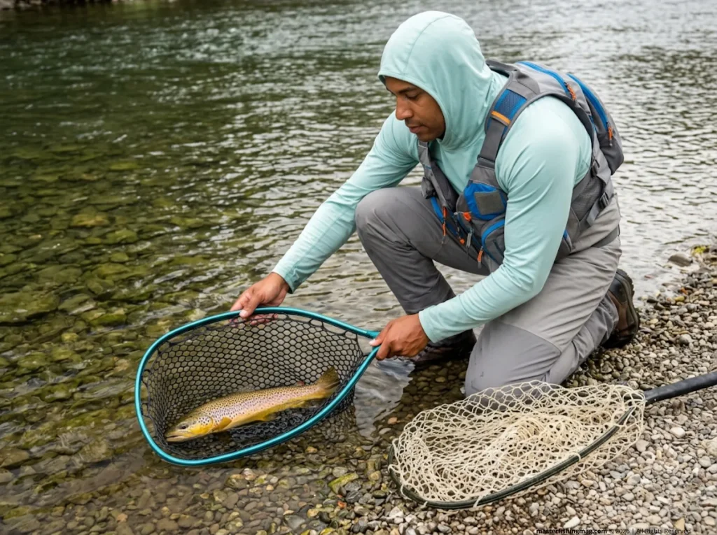 Angler kneeling at river's edge with Frabill rubber mesh net and rejected nylon net, fish submerged