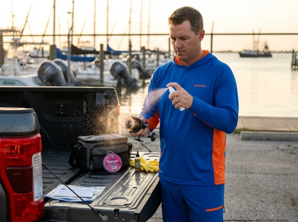 Angler misting saltwater spinning reel with spray bottle after Galveston Bay fishing trip