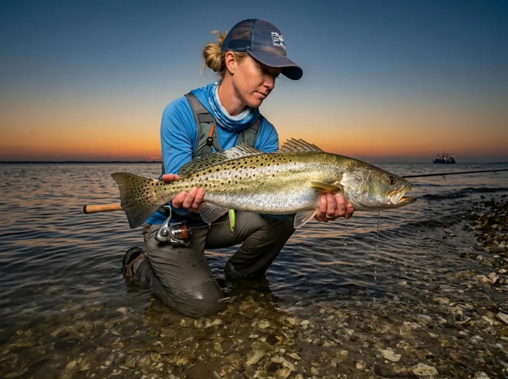 Female angler releasing gator trout on Galveston Bay oyster reef flat at golden hour