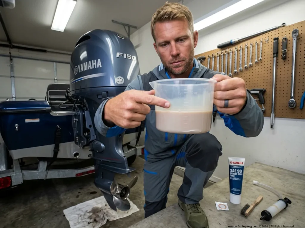 Mechanic examining milky gear oil drained from Yamaha F150 outboard lower unit indicating failed propeller shaft seal