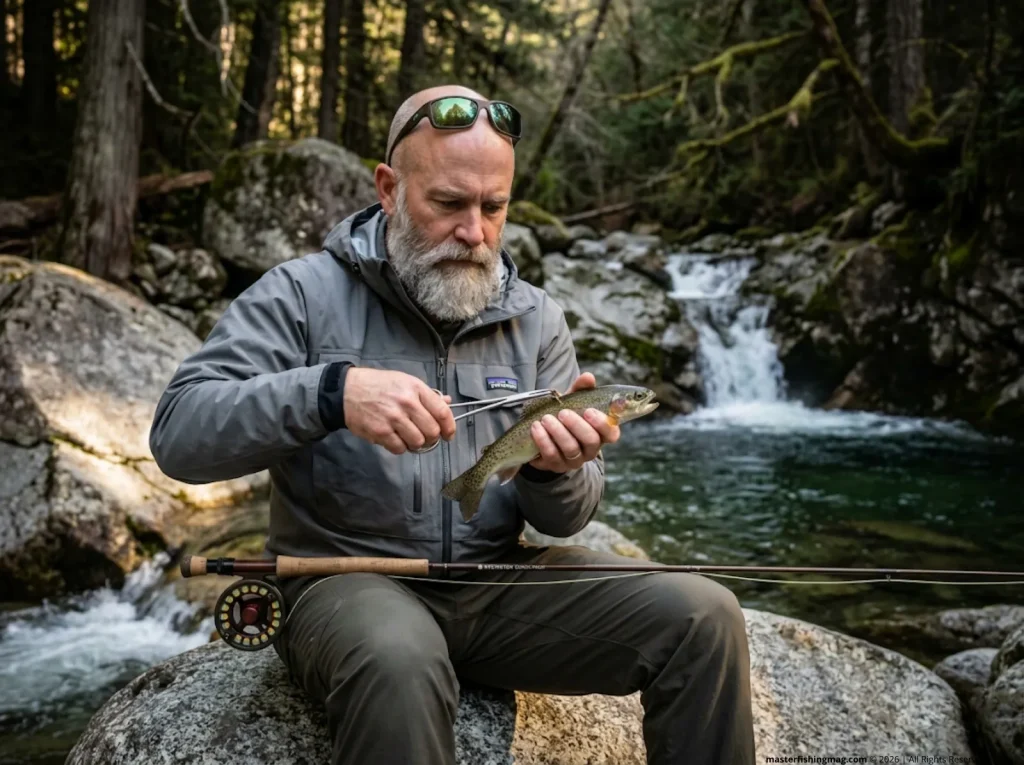 Angler inspecting a deformed hatchery trout fin to understand genetic erosion and species interbreeding