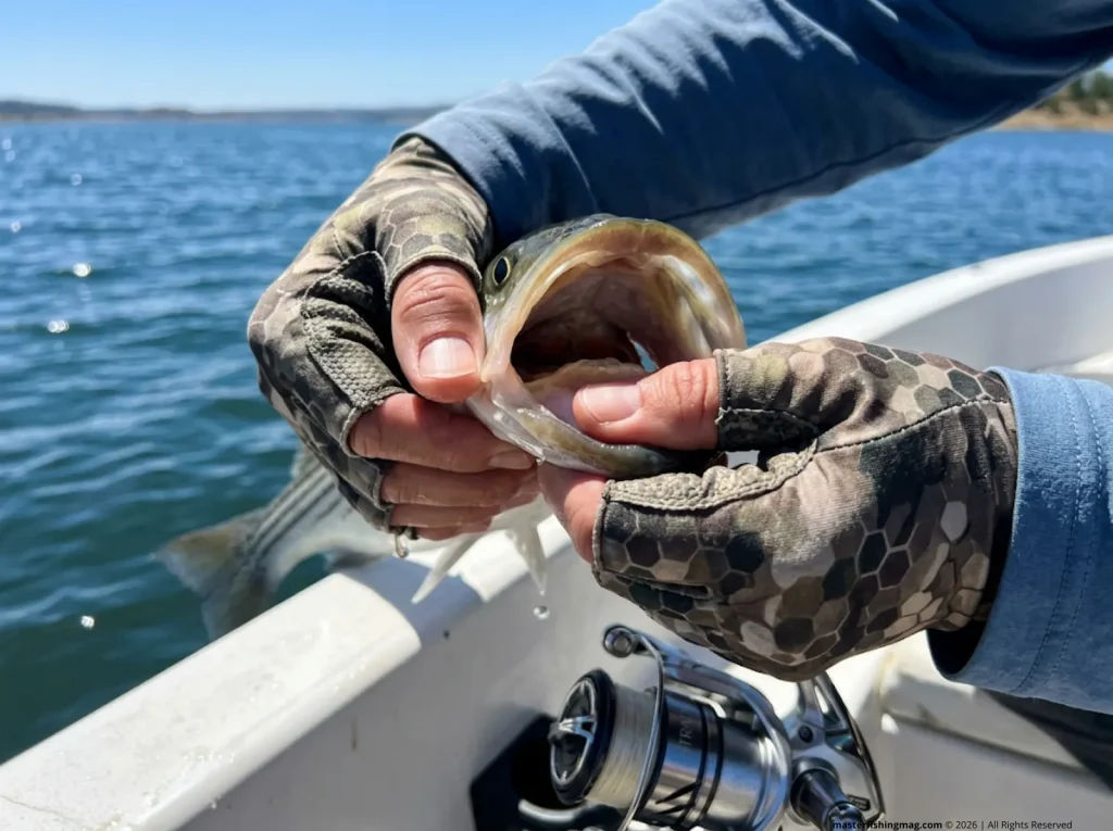 Angler performing the glossohyal tongue test on a temperate bass