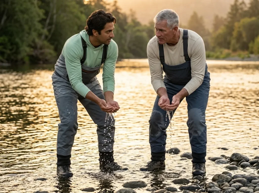 Two anglers comparing DWR water beading performance between GORE-TEX and Toray membrane waders at waterside