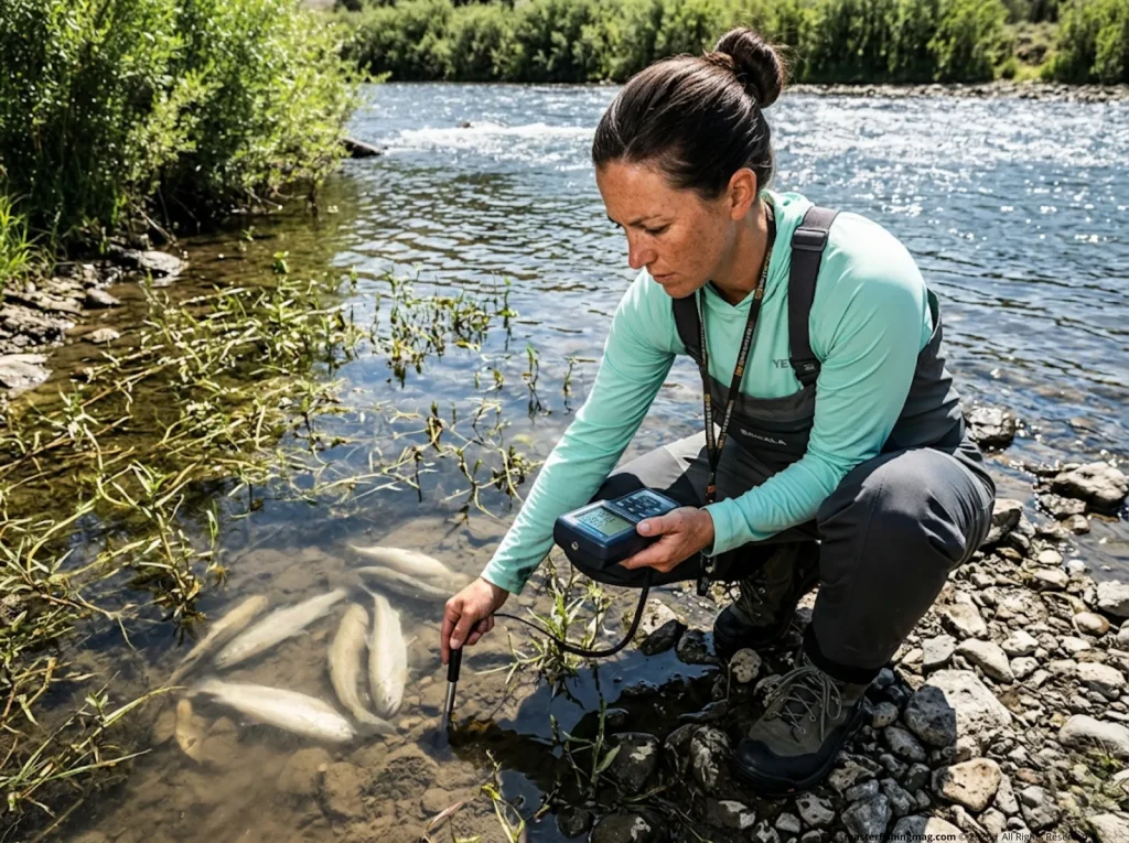 Fish biologist testing water temperature for hatchery trout survival in a slow moving tailwater pool