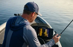 Deep Water Bass Tactics Most Anglers Never Learn Angler using forward-facing sonar on a bass boat over a deep summer ledge with bass visible on screen