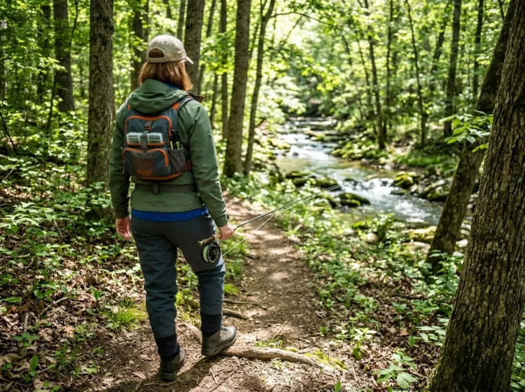 Angler hiking to hidden spring creek fishing spot Arkansas Ozarks