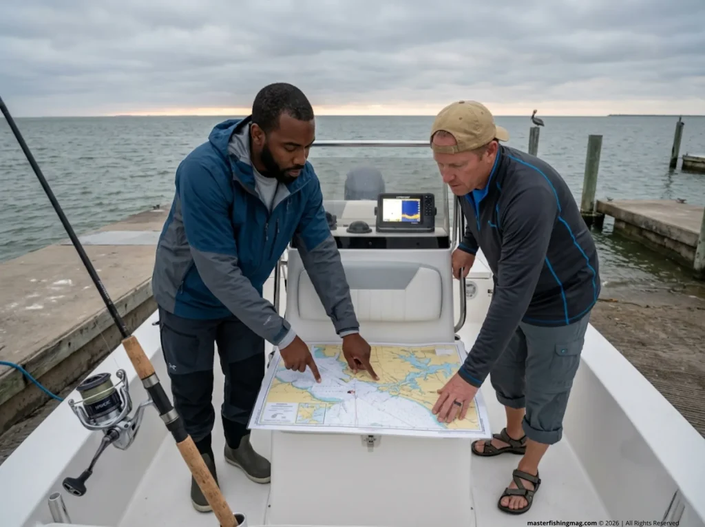 Two anglers planning their fishing route across Houston area water types at a coastal boat ramp
