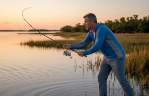 Tired of Short Casts? Dial In Your Spinning Reel Angler executing two-handed spinning reel cast on saltwater flat at golden hour dawn