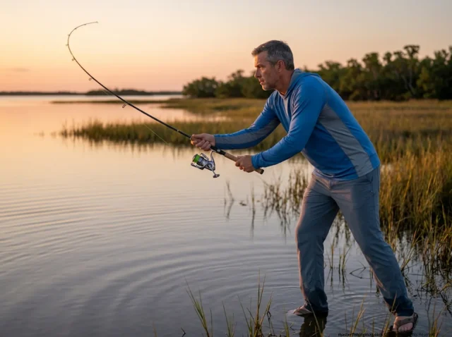 how-to-cast-spinning-reel-farther-hero Angler executing two-handed spinning reel cast on saltwater flat at golden hour dawn
