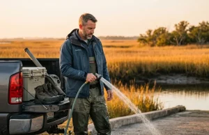 Your Waders Are Rotting. Do This After Saltwater Angler rinsing Simms waders with freshwater at saltwater boat ramp after flats fishing session