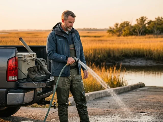 how-to-clean-fishing-waders-after-saltwater-hero Angler rinsing Simms waders with freshwater at saltwater boat ramp after flats fishing session