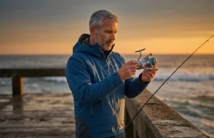 One Bad Rinse Can Ruin a $300 Reel — Here’s the Fix Angler inspecting Shimano spinning reel for saltwater damage on ocean pier at golden hour