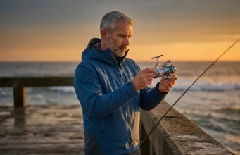 One Bad Rinse Can Ruin a $300 Reel — Here’s the Fix Angler inspecting Shimano spinning reel for saltwater damage on ocean pier at golden hour