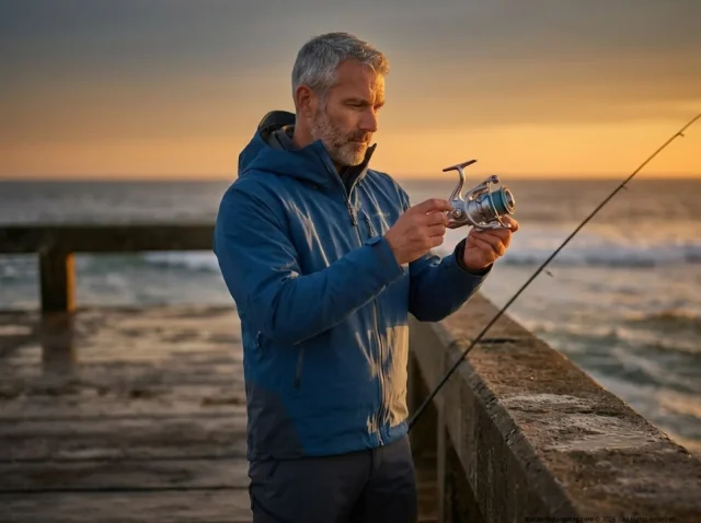 how-to-clean-spinning-reel-saltwater-hero Angler inspecting Shimano spinning reel for saltwater damage on ocean pier at golden hour