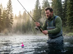 How to fish a simple bobber rig for perfect depth control Angler in waist-deep river tracking a simple bobber rig for perfect depth control along a current seam at dawn.