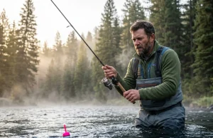 How to fish a simple bobber rig for perfect depth control Angler in waist-deep river tracking a simple bobber rig for perfect depth control along a current seam at dawn.
