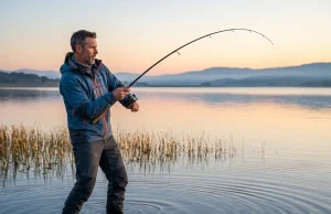 How to Fish Swimbaits for Big Bass Angler casting a large swimbait for trophy bass at dawn over calm lake water