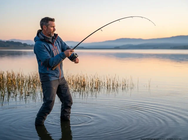 how-to-fish-swimbaits-for-big-bass-hero Angler casting a large swimbait for trophy bass at dawn over calm lake water
