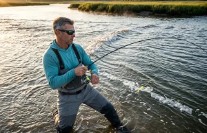 How to Read Tides for Fishing Using Velocity Not Height Angler wading tidal current at Cape Cod sandbar fighting striped bass at peak tide flow