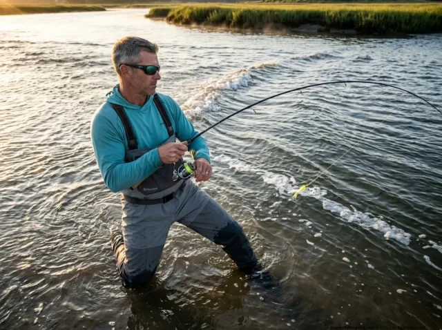 how-to-read-tides-for-fishing-velocity-hero Angler wading tidal current at Cape Cod sandbar fighting striped bass at peak tide flow