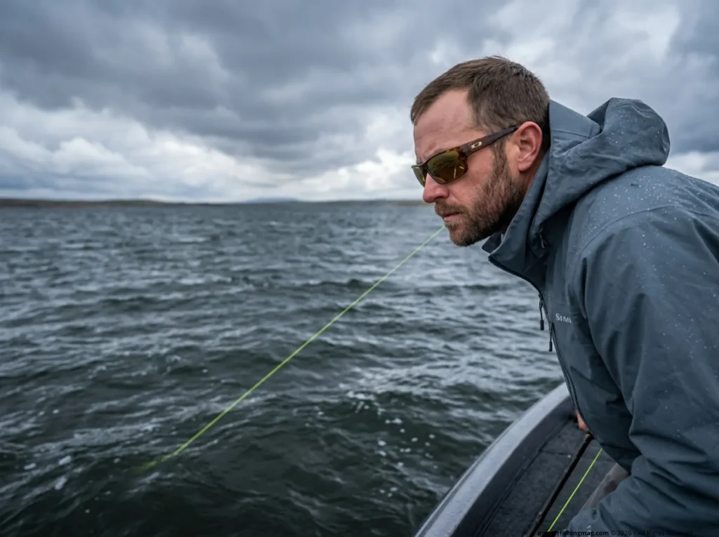 Focused angler watching high-visibility line for subtle bite detection
