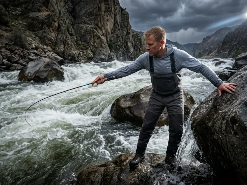 Engineer evaluating dangerous river hydraulic reality and Manning's roughness coefficient for fish