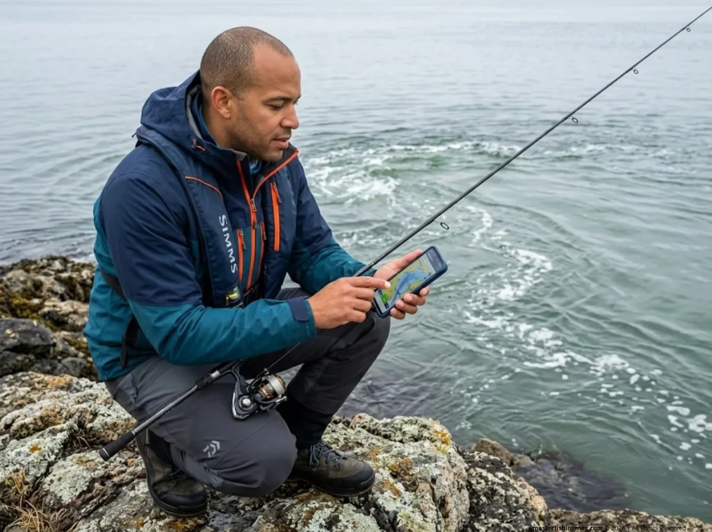 Angler crouching at tidal inlet studying Navionics tide app with current seam visible behind him