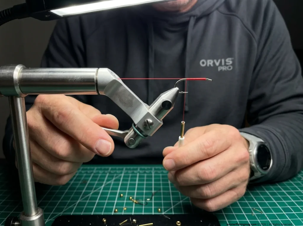 Close up of an angler's hands operating a true inline rotary fly tying vise holding a heavy hook.