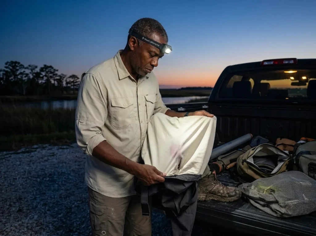 Angler inspecting inside-out Sitka wader liner for bacteria and mildew damage after saltwater trip